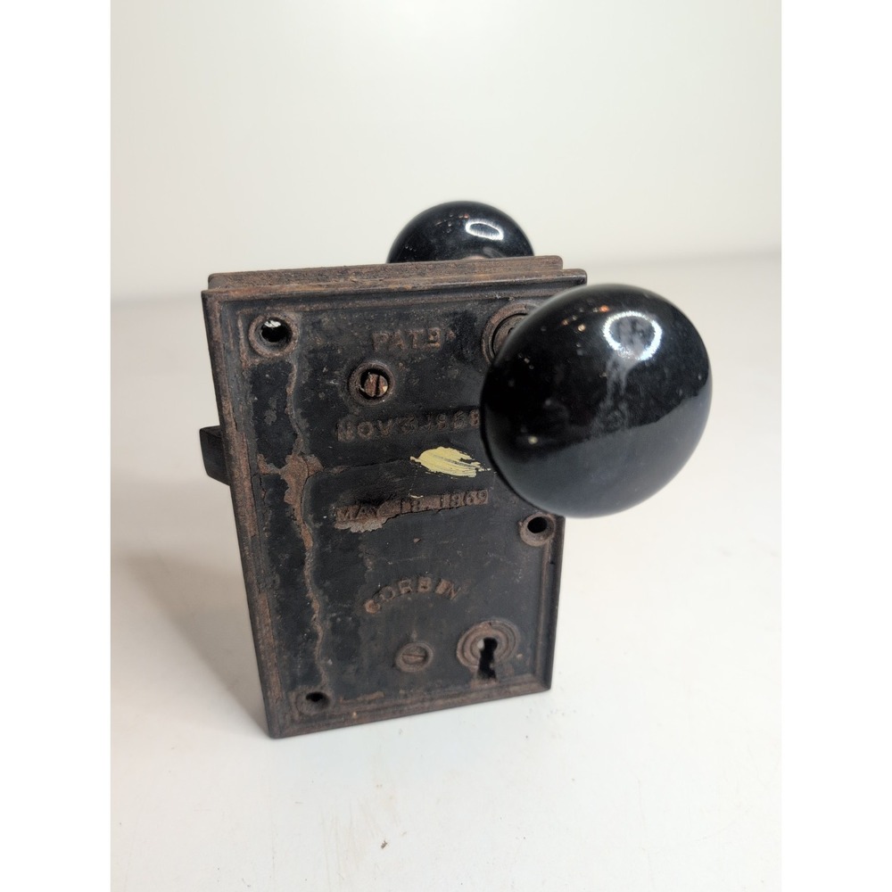 Antique Vtg Corbin Mortise Lock Door Hardware w/ Door Black Knobs 1868 1869